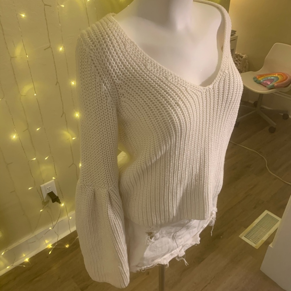 INTERMIX bell sleeve white v neck sweater